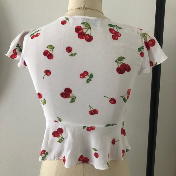Cherry Print Ruffled Wrap Top - S - Picture 3 of 6